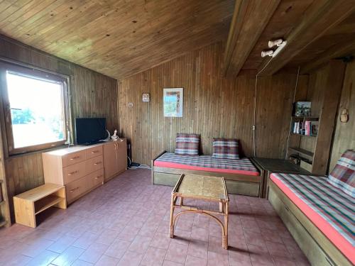 a room with two beds and a table and a tv at Chata Na Podhorčí in Frýdštejn