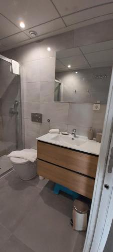 a bathroom with a sink and a toilet and a mirror at Appartement VillaCosta in Orihuela
