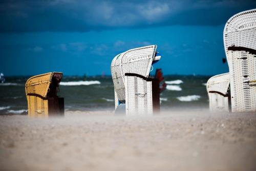 three chairs sitting on a beach near the ocean at Ferienhaus Strandglück Olpenitz in Olpenitz