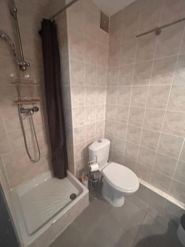 une petite salle de bain avec toilettes et douche dans l'établissement Cap Agde Studio-Cabine -Vue Jardin, au Cap d'Agde