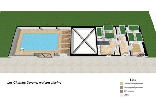 un plan d'étage d'une maison avec dans l'établissement Crazy Villa Champs Corons 61 - Interior heated pool - 2h from Paris - 30p, à Les Menus