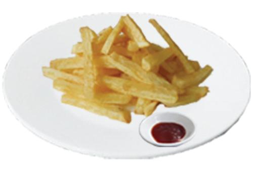 a plate of french fries on a plate with ketchup at Naraya Guesthouse in Phnom Penh
