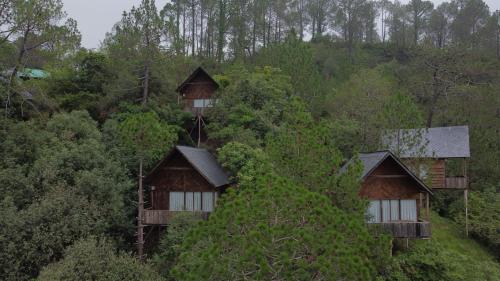a group of houses on the side of a hill at Alaya Stays Duplex Cottage with Tree House - Suro Woodcrest Chalet in Shogi