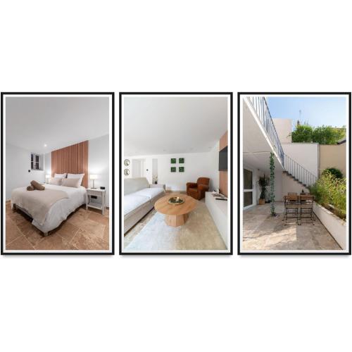 three pictures of a bedroom and a living room at Résidence Jaures - Appartements design et climatisés en centre ville in Vichy