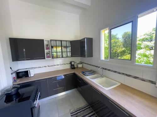 a kitchen with a sink and a window at Villa trinité in La Trinité