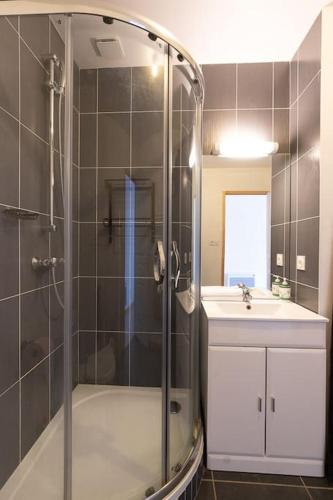 une salle de bain avec douche et lavabo dans l'établissement Le Sud - Proche Pérouges, à Chalamont