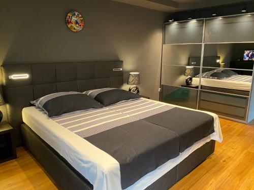 a bedroom with a large bed and a mirror at 1 grosse elegante Zimmerwohnung 5 Minuten zu Fuss in die Stadtmitte in Lörrach