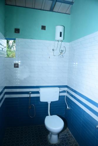 a blue bathroom with a toilet and a shower at Shreeram Homestay in Gokarn