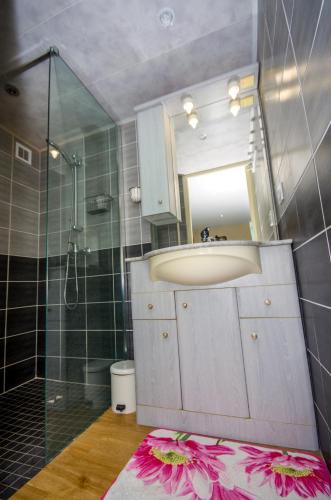 une salle de bain avec un lavabo et une douche avec un miroir dans l'établissement A 1Okm des plages du débarquement, Chez Sabrina, gîte entre mer et campagne, proximité Caen, Bayeux, Arromanches, aéroport Carpiquet, à Lantheuil