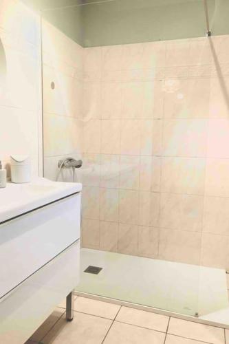 une salle de bain avec une douche avec une porte vitrée dans l'établissement Maison vigneronne 4-6pers proche lamalou-les-bains, à Taussac-la-Billière