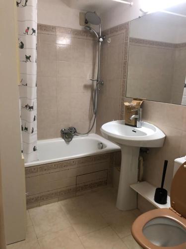 une salle de bain avec un lavabo, une baignoire et des toilettes dans l'établissement Frejus plage studio La Miougrano, à Fréjus