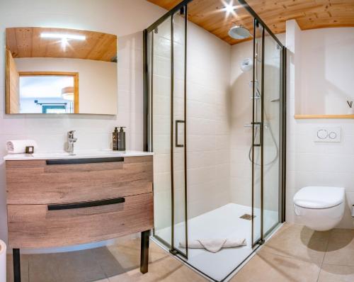une salle de bain avec douche et toilettes dans l'établissement La terrasse des Aiguilles - Magnifiques vues, aux Houches