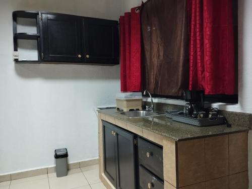 a kitchen with a sink and a red curtain at Apartamentos Marconela in San Mateo