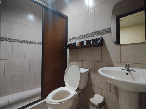 a bathroom with a toilet and a sink at Apartamentos Marconela in San Mateo