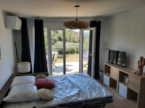 une chambre avec un lit et une porte coulissante en verre dans l'établissement Studio au calme tout équipé, à Pourrières