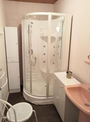 une salle de bain blanche avec une douche et un lavabo dans l'établissement Appart Talloires proche plages et commerces avec salle de jeux, à Talloires