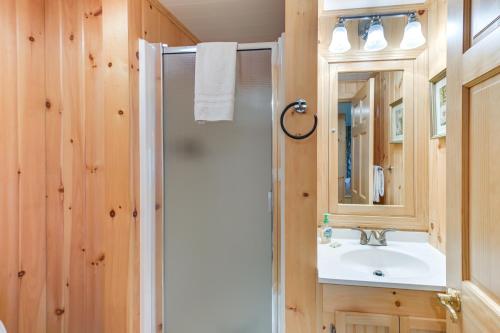 a bathroom with a shower and a sink at Coastal Branch Lake House with Dock and Game Room in Orland