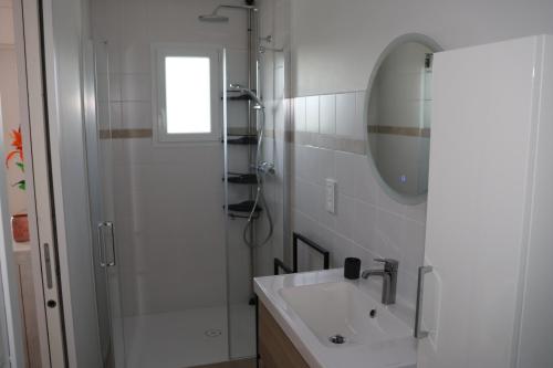 a bathroom with a sink and a shower with a mirror at Les Vignes du Luberon in Saignon
