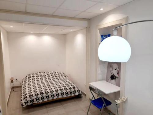 une chambre avec un lit, un bureau et une lampe dans l'établissement T2 cosy, à Grenoble