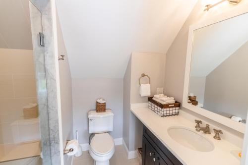 a bathroom with a toilet and a sink and a mirror at The East Island Reserve Hotel in Middletown