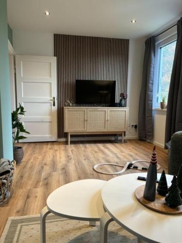 a living room with a tv and a table at Wurmbergblick Ferienwohnung in Braunlage