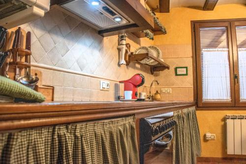 a kitchen with a counter top with a red appliance at Casa Rural Nuri de Rei A y B in Todolella