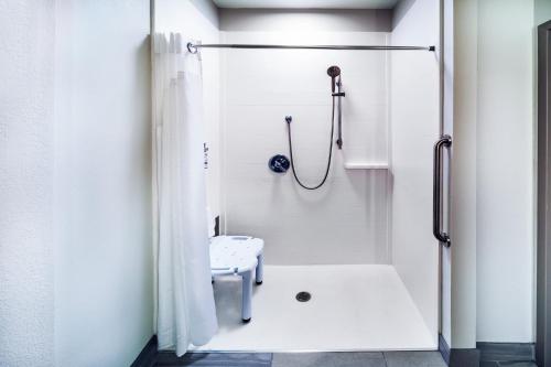 a white bathroom with a shower and a toilet at Holiday Inn Express Harvey-Marrero by IHG in Harvey