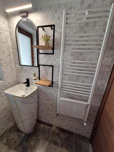 a bathroom with a sink and a mirror at Casa Don Felipe in Timişoara