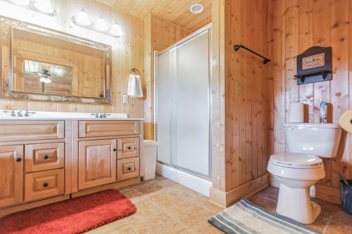 a bathroom with a toilet and a shower and a sink at Cozy Mountain Retreat with Scenic Views home in Beech Mountain