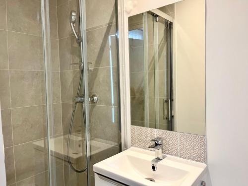 une salle de bain avec un lavabo et une douche dans l'établissement Petit appartement agréable au cœur du 11e arrondissement, à Paris