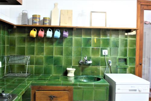 a green tiled kitchen with a sink at CanCu Casa en el centro de Sant Feliu de Guíxols in Sant Feliu de Guixols