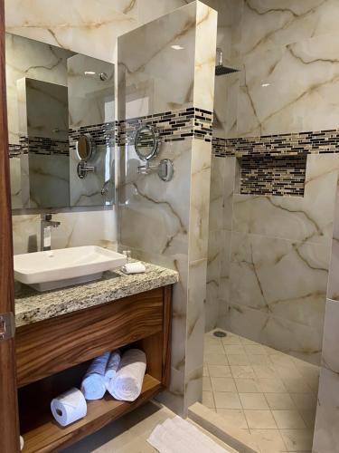 a bathroom with a sink and a shower at Hotel Cinco Diamantes in Atotonilco el Alto