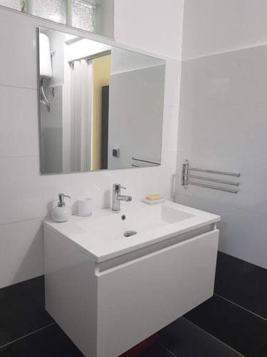 a white bathroom with a sink and a mirror at Green Garden in Roussel