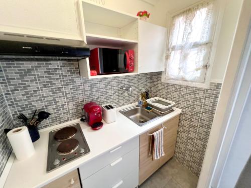 une petite cuisine avec un évier et un micro-ondes dans l'établissement Fully Equipped Apt for 3, near Negresco Nice, à Nice