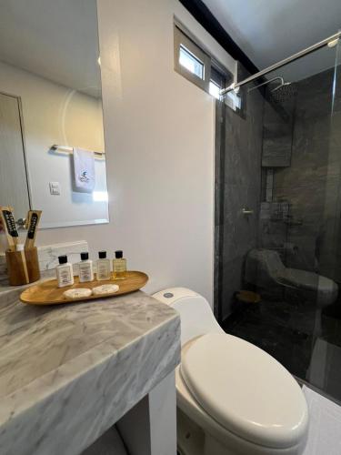 a bathroom with a toilet and a sink and a shower at Pao Pao Hotel Islas del rosario in Isla Grande