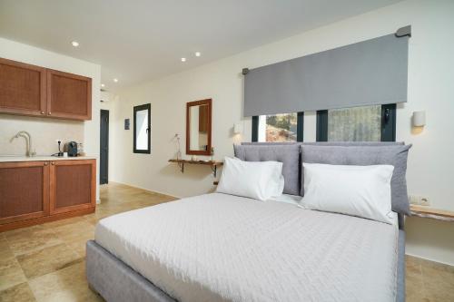 a bedroom with a large bed and a kitchen at Mon Avis Suites in Chrysi Ammoudia