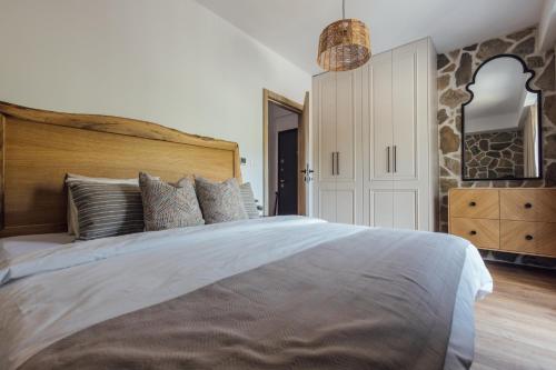a bedroom with a large bed and a mirror at Timeless Appartment in Mavrovo