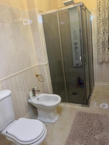 a bathroom with a shower and a toilet and a sink at B&B temptation airport fontanarossa shared house with several rooms in CTA