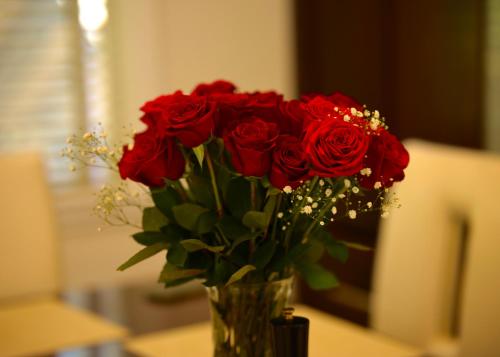 a vase filled with red roses on a table at Illuminati Guest House in Victoria