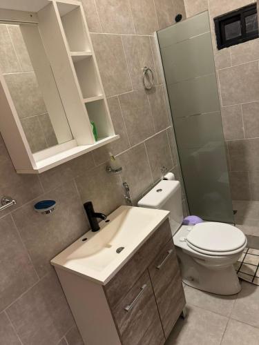 a bathroom with a toilet and a sink and a mirror at La Martina in Esquina