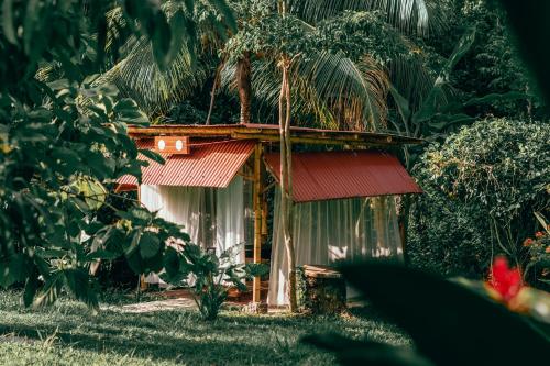 a small house with a red roof in a forest at Magic Green Dentro del Parque Tayrona in El Zaino