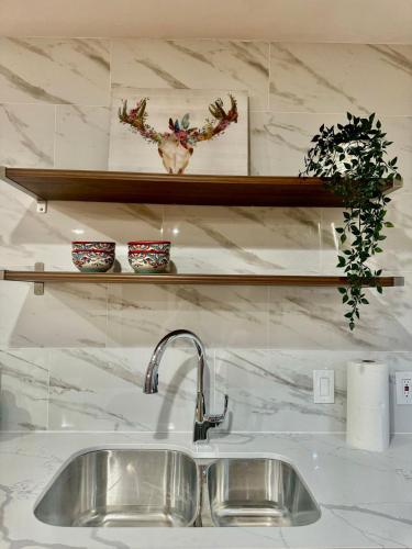 a kitchen counter with a sink and a shelf at Chic Home with Expansive Backyard- duplex back unit in San Mateo