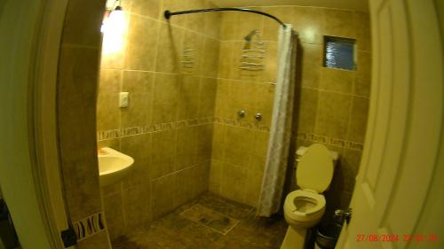 a bathroom with a shower and a toilet and a sink at Hotel San Antonio Guanajuato in Guanajuato