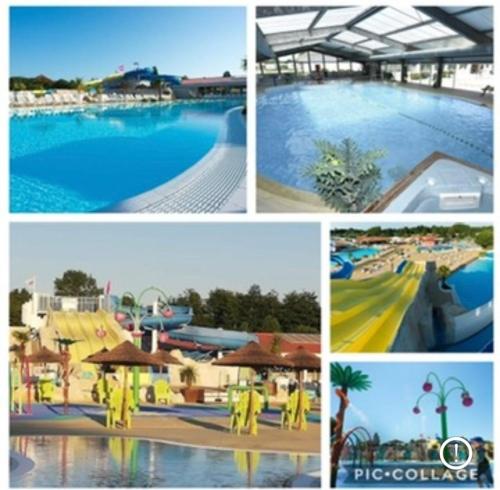 un collage de photos d'un parc aquatique dans l'établissement mobilhome 582 Les Charmettes 3ch tout équipé, aux Mathes