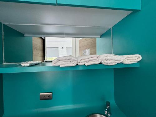 a bathroom with towels on a shelf in front of a mirror at Hotel Living Box San Fernando Cali in Cali