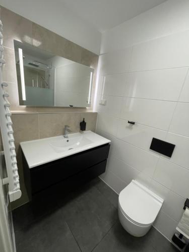 a bathroom with a sink and a toilet and a mirror at Aviators Guest House - Premium Room in Strausberg