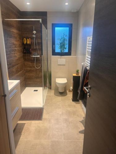une salle de bain avec douche et toilettes et une fenêtre dans l'établissement Chambre privée dans villa récente, au Beausset