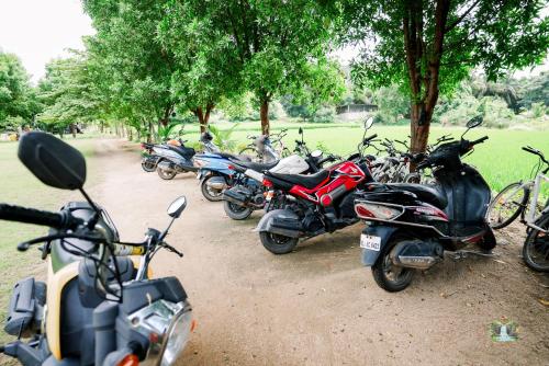 a row of motorcycles parked on a dirt road at Hampi Waterfall Cottages in Hampi