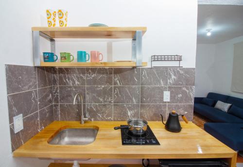 a kitchen with a sink and a counter top at Hospedaje Tolantongo in Cardonal