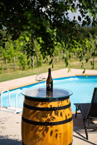 a bottle of wine sitting on a barrel next to a pool at Casa VIDA in Neštin